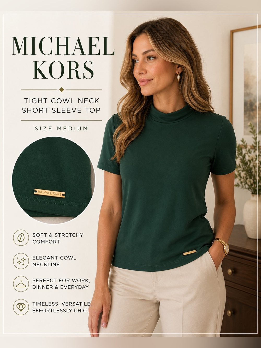 Michael Kors Women’s Green Cowl Neck Short Sleeve Top Size Medium